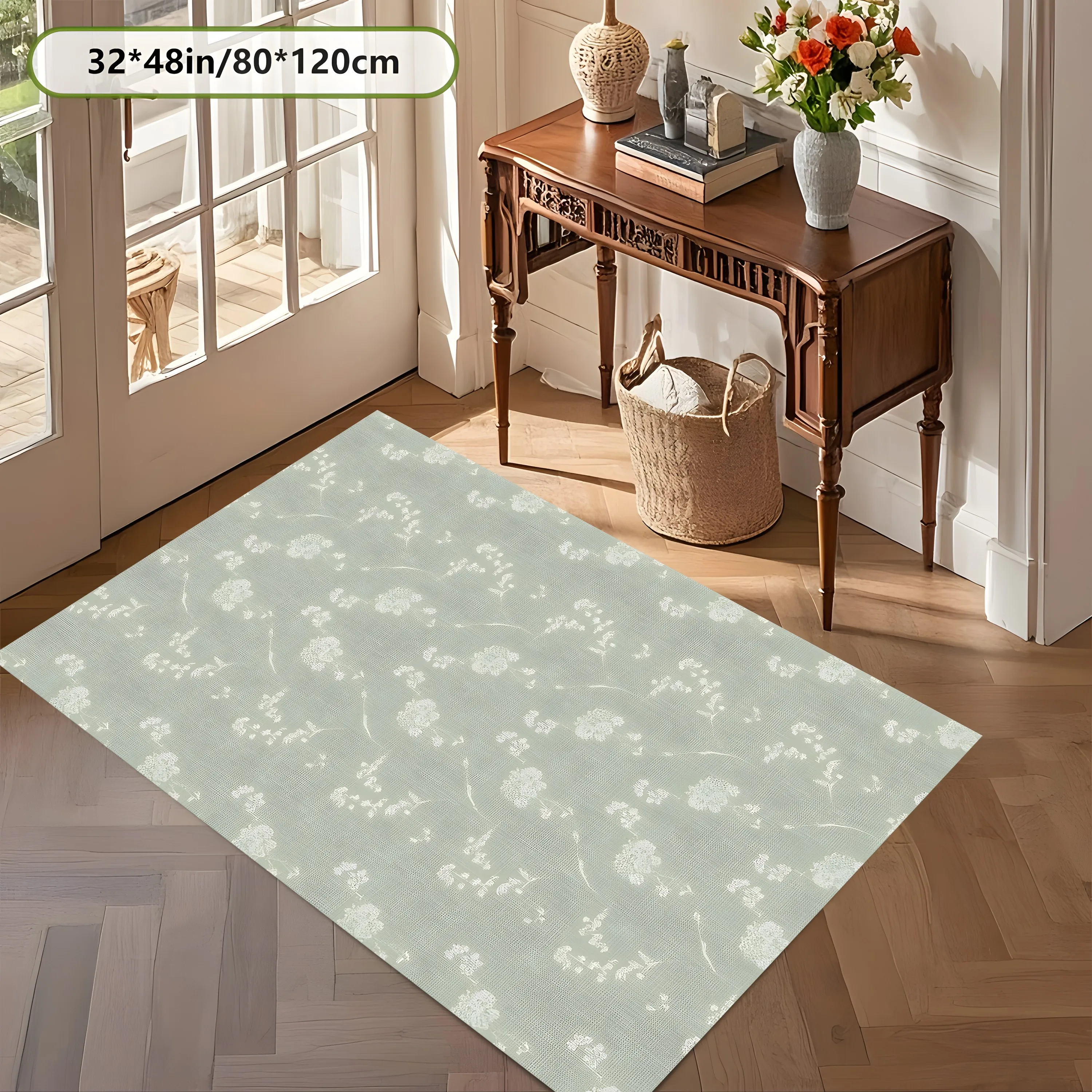 2D Carpet with Light Green and Milky White Small Floral Pattern in Fresh, Soft Style for Living Room, Bedroom, and Bedside