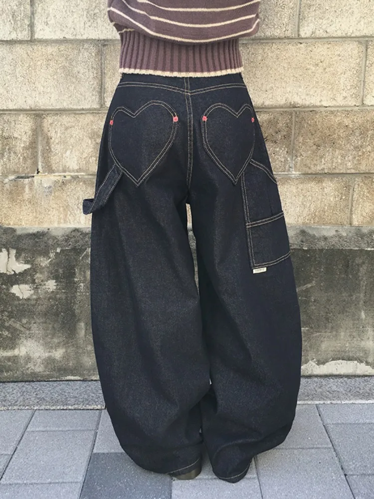 Retro rua sle outono inverno solto perna larga jeans casuais feminino amarrar emagrecimento ket coração design versátil denim