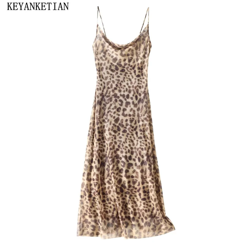 KEYANKETIAN 2024 New Launch Women's Leopard Print Tulle Halter Dress Summer Retro style Slim Backless Swinging Collar Dresses