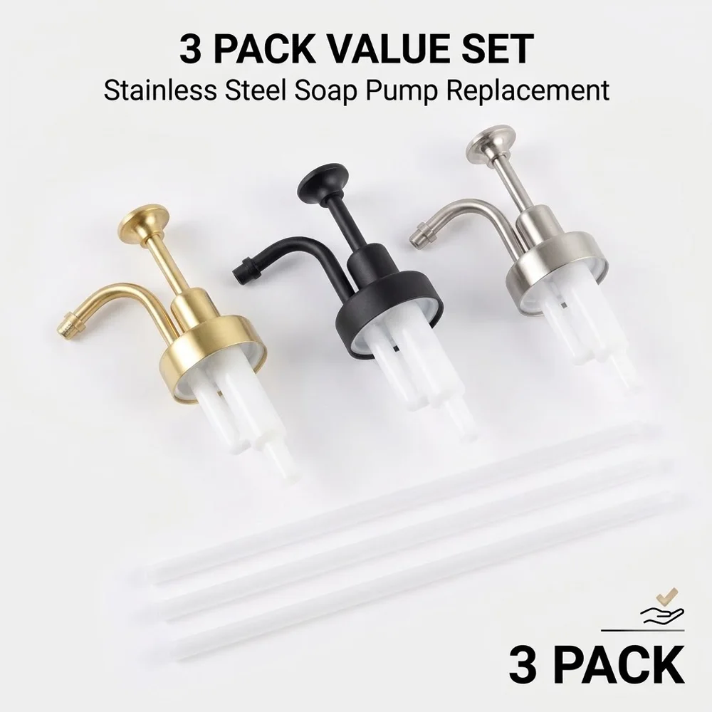 3Pcs Stainless Metal Lotion Pump Top Nozzles with Adjustable 20cm Dip Hose DIY Bottle Dispenser Replacement Hardware