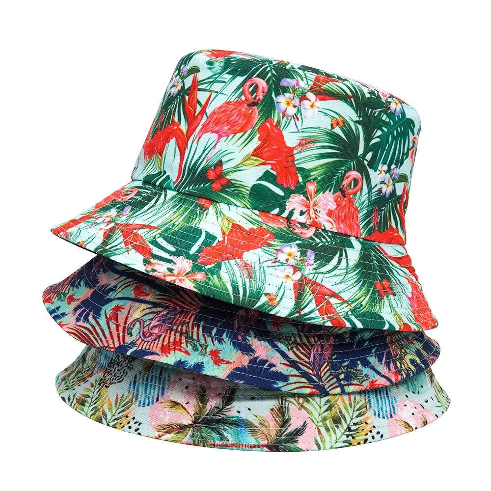 Flamingo Bucket Hat Panama Women Men Summer Beach Bonnet  Flat Top Cap Foldable Fisherman Double sided Hat  Bob Cap