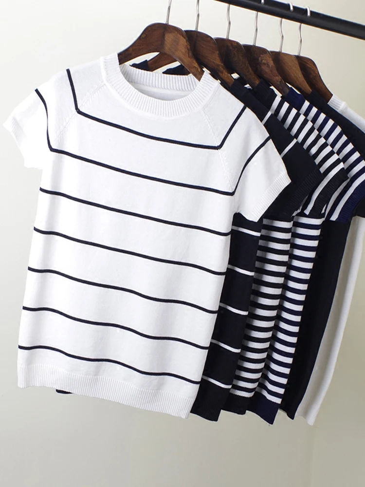 Big Size Summer Short Sleeve Striped Pullover Women Sweater Knitted 2022 Sweaters Tops Korean Pull Femme Jumper Female