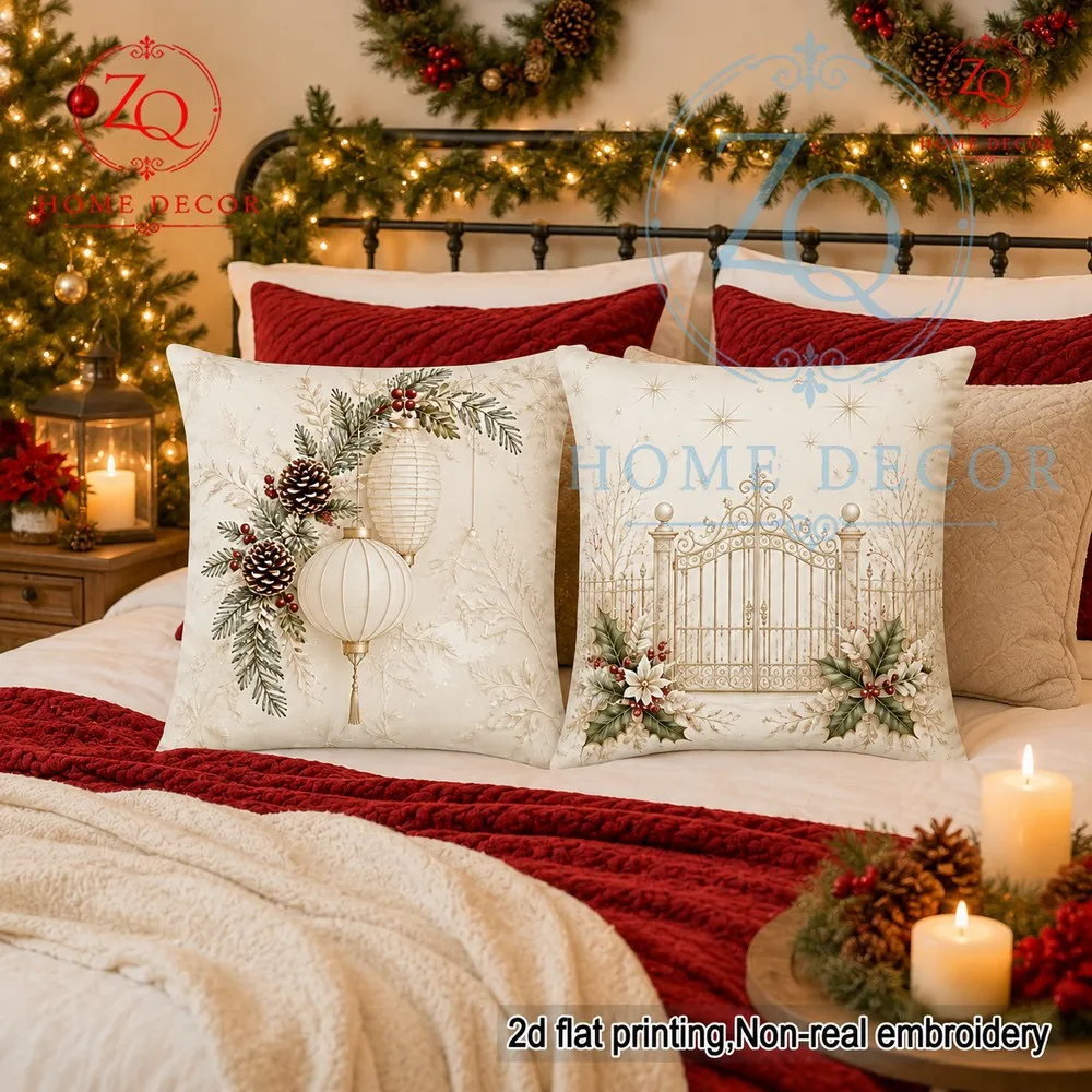 This French retro Christmas pillowcase feures a warm beige base with pine branches  cones  a vintage wrought iron door print.