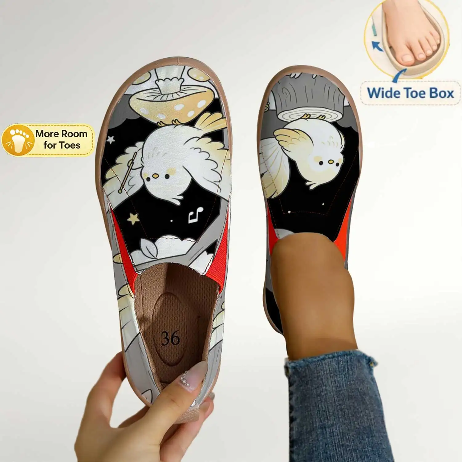 Women's Cute White Bird-Print Slip-On Shoes, Wide-Toe Comfortable Walking Shoes, Lightweight Breathable Canvas Loafers, College-Style Daily Casual Shoes for Wide-Footed Women