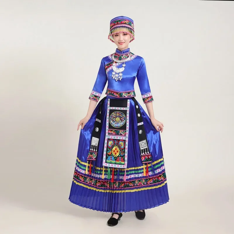 Ropa tradicional para mujer, traje de actuación de baile Dongxiang Hezhe Menba Jinuo, conjunto de tres piezas