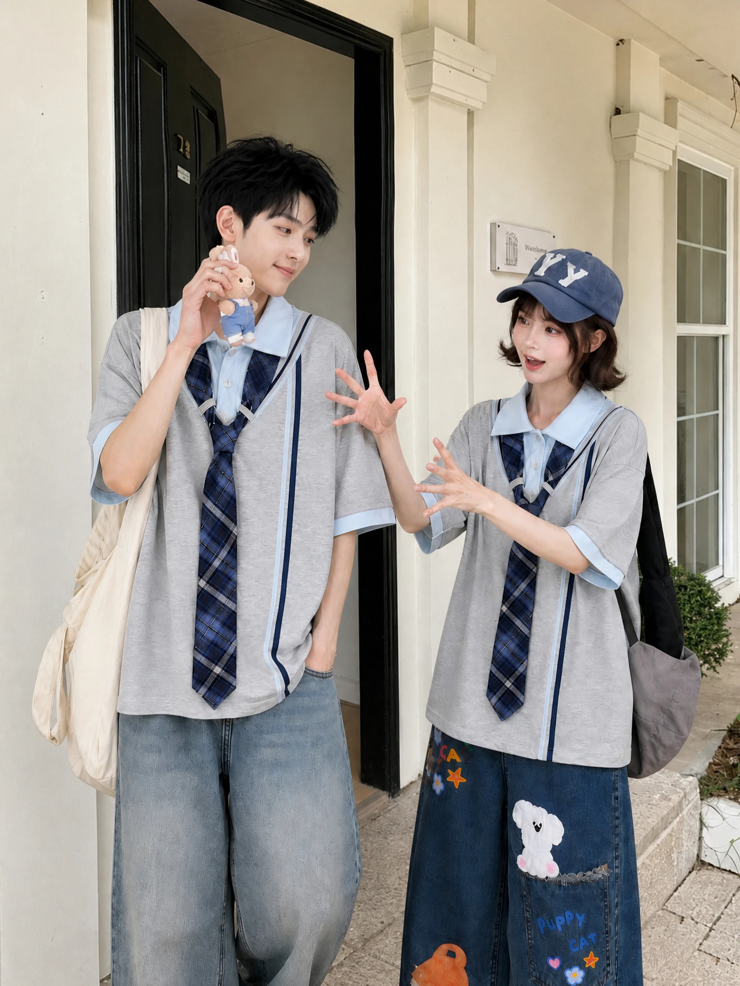 Loose Couple Short Sleeve T-Shirt Women's Sweet Style Summer Casual Wear Color Block Design Forest Girl Tribe College Fashion