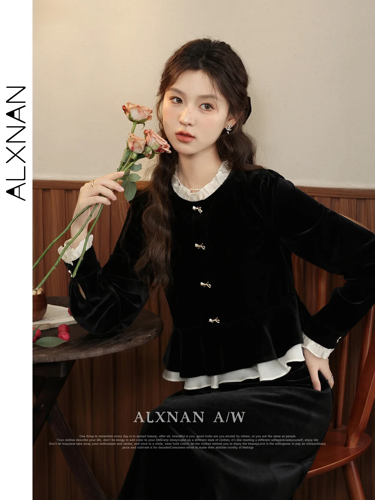 ALXNAN Black Fake 2 Piece Velvet Dress for Woman 2024 Autumn Winter Elegant Patchwork Long Sleeve Dress Sold Separately L33017