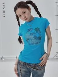 Yedinas maglietta blu gotica abbigliamento donna moda coreana manica corta Slim Summer top Y2k Tee Shirt Femme Grunge estetica