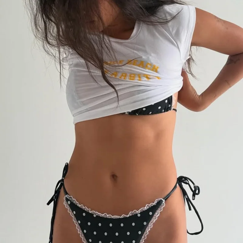 Traje de Baño de Tres Piezas Estilo Y2K, Conjunto de Bikini con Estampado de Lunares, Top Triangular con Tiras y Tanga con Lazos y Faldas Extraíbles