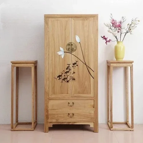 New Chinese elm hand-painted lotus large wardrobe simple antique painted vertical cabinet locker