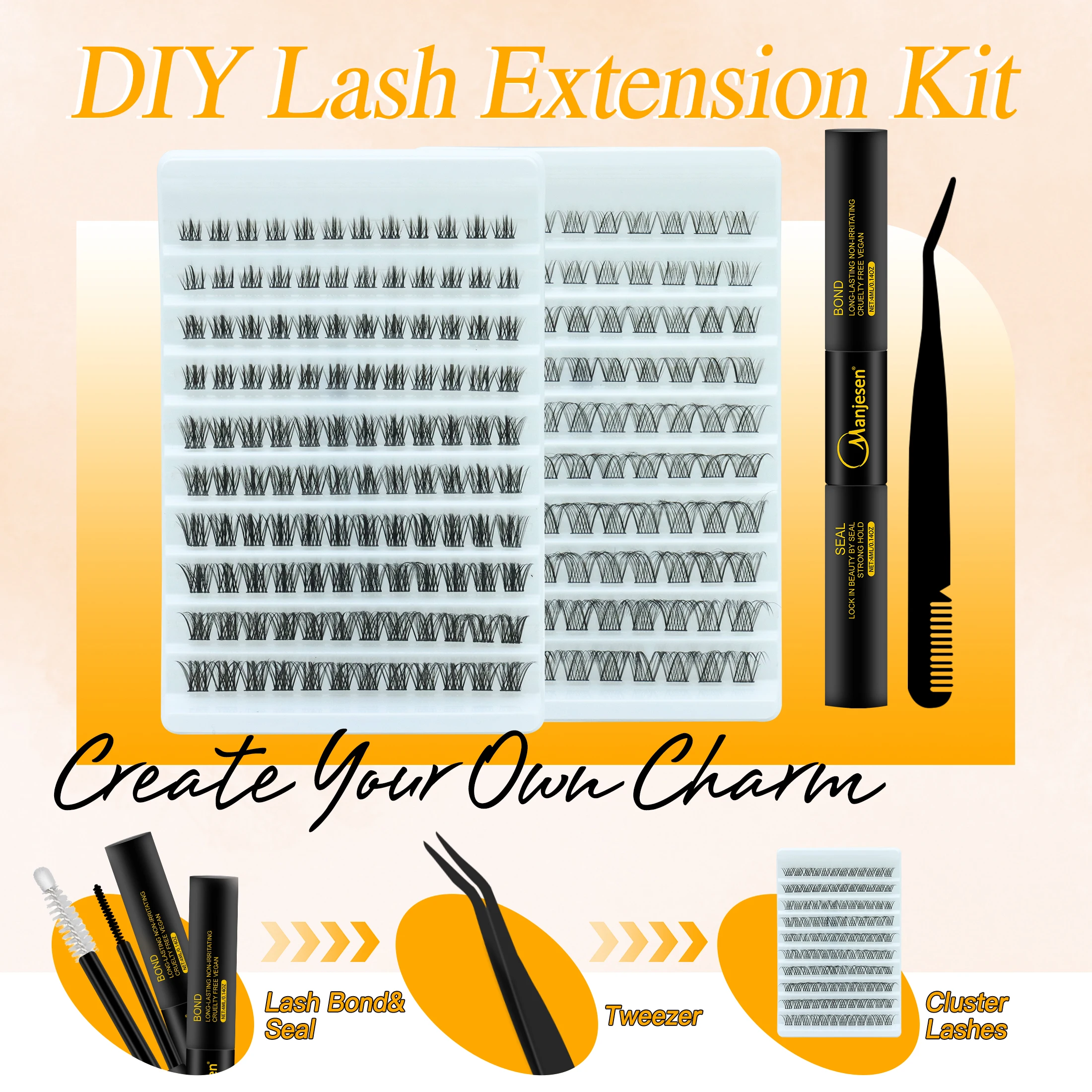 Kit de faux cils DIY avec 200 grappes, aspect naturel, cils individuels en plusieurs styles pour un usage domestique, ensemble de maquillage complet