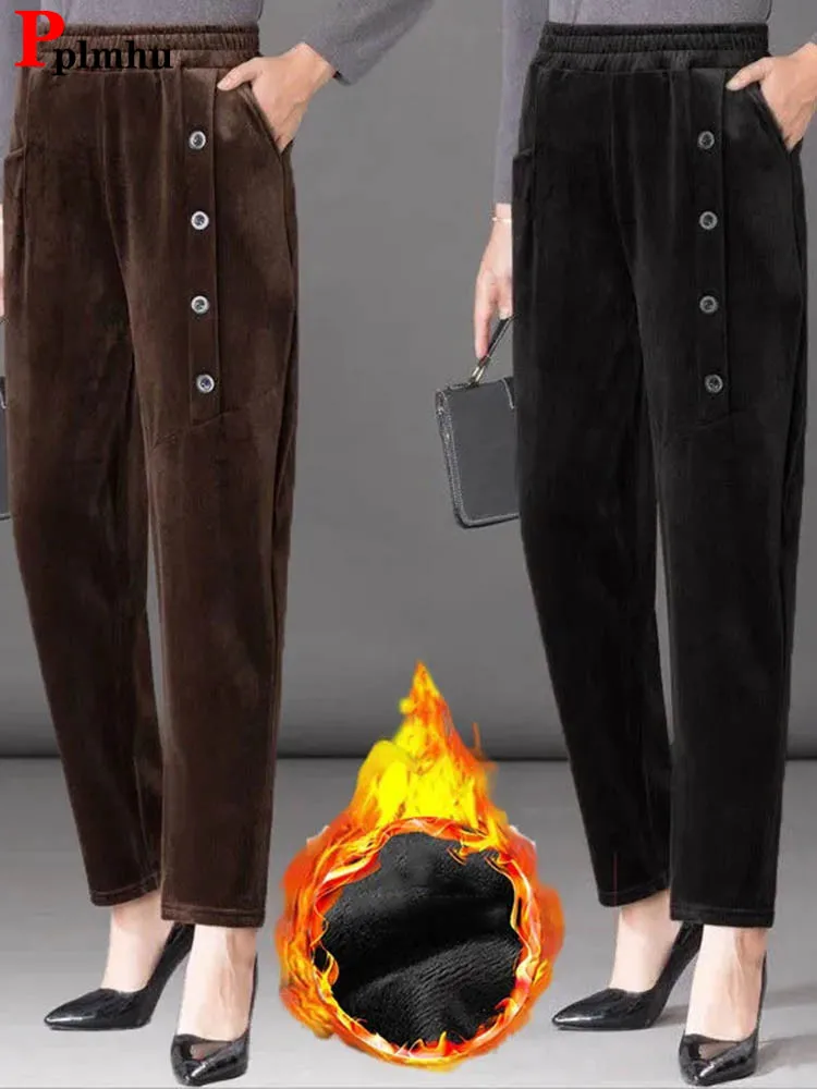 Warm Thicken Corduroy Harem Pants Winter High Waist Fashion Womens Straight Pantalones Vintage Plus Velvet Baggy Sweatpants 2023