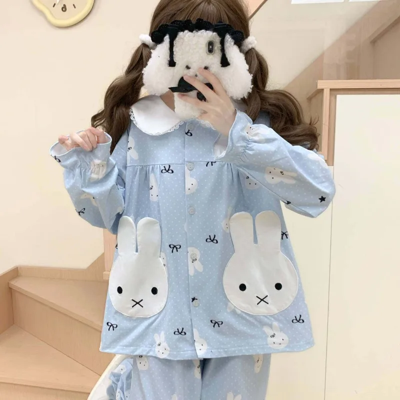 

Новая милая домашняя одежда Miffy с мультяшным принтом для девочек: комплект с длинными рукавами и брюками, весна/осень, очаровательные карманы, дизайн с головой кролика