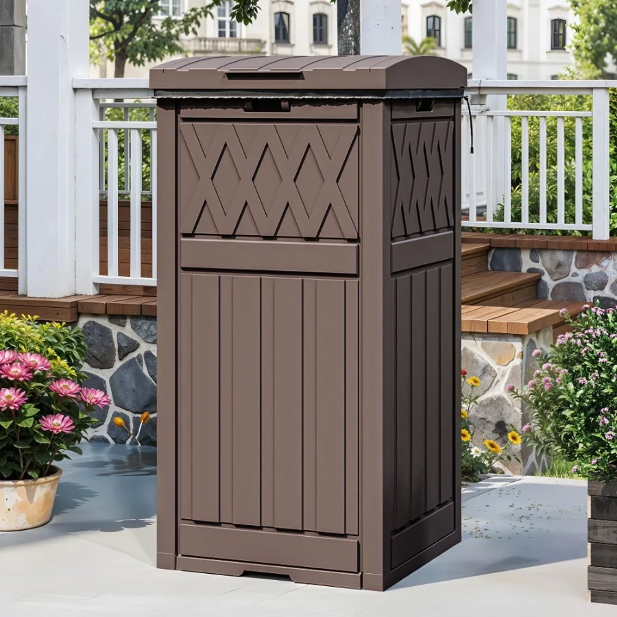 

36 Gal Outdoor Trash Can, Waterproof Resin Garbage Bin with Fabric Bag, Tiered Lid Drip Tray for Patio and Backyard Use, Dark B