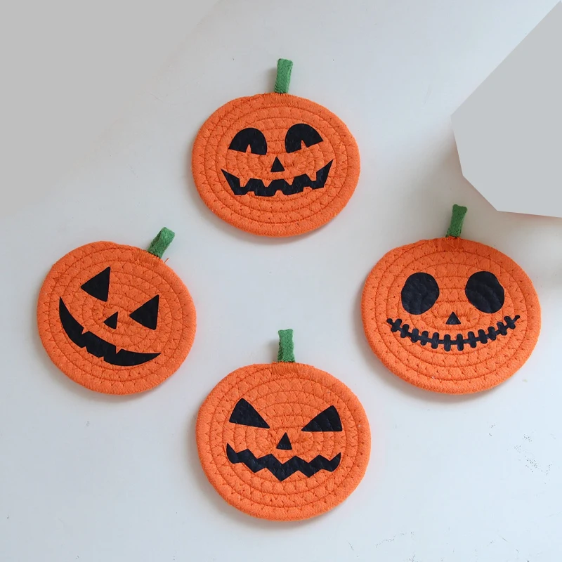 Halloween Woven Pumpkin Cup Coaster Thick Cotton Yarn Rope Woven Heat-insulating Pad Mug Coffee Cup Pad Table Home Decoration