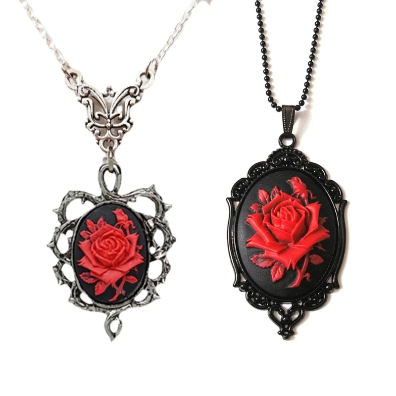 Vintage Gothic Rose Necklace Victorian Necklace Black Red Rose Flower Pendant Necklace Fashion Cosplay Party Jewelry