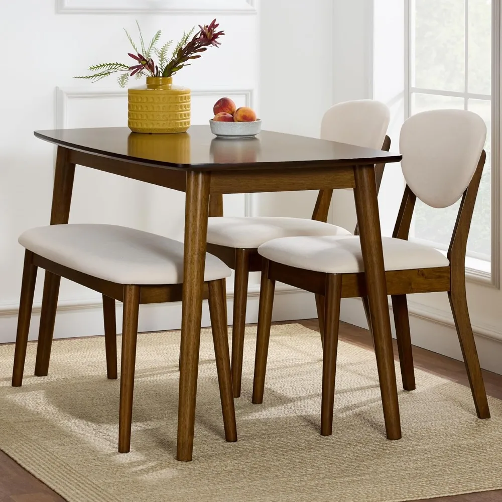 4-Piece Mid-Century Modern Wood Dining Kitchen Table & Chair Set w/ 2 Upholstered Chairs, Bench Seat - Brown/Cream