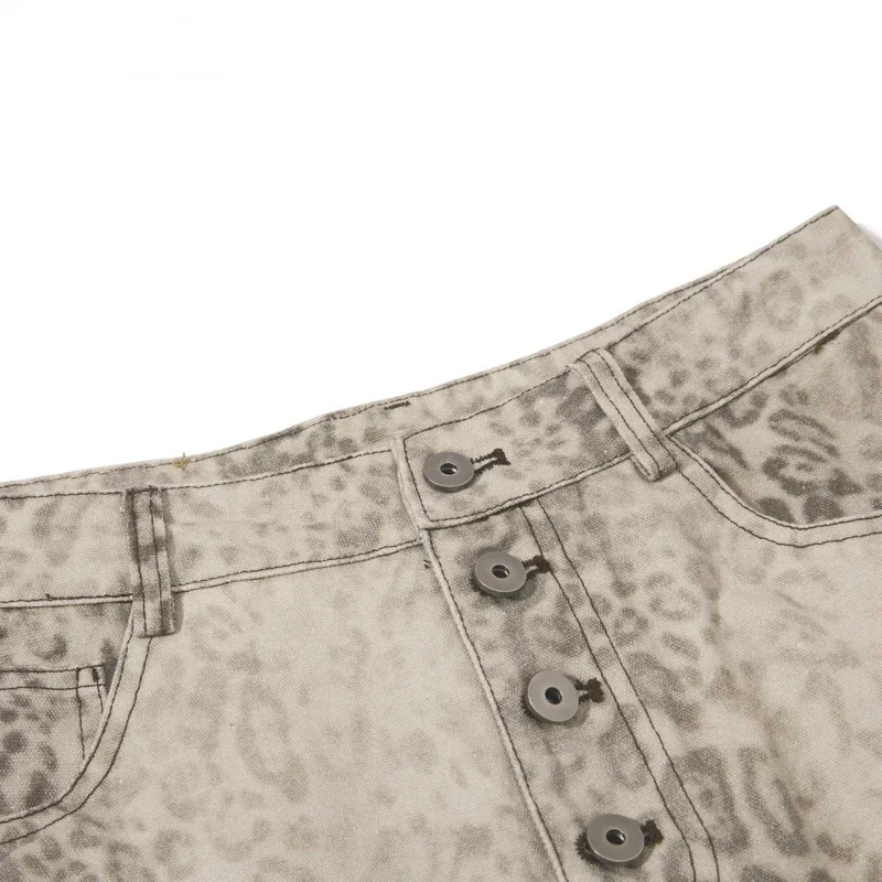 Leopard Vintage Washed Print Wide Leg Trousers For Men High Waist Multi Button Contrast Patch Pocket Cargo Pants MYSF