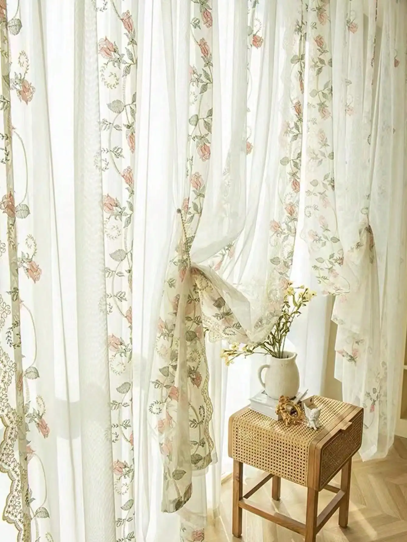 1Pc French Country High-end Rose Embroidered Curtain Sheer for Living Room Balcony Bay Window - Elegant Country Style Home Decor