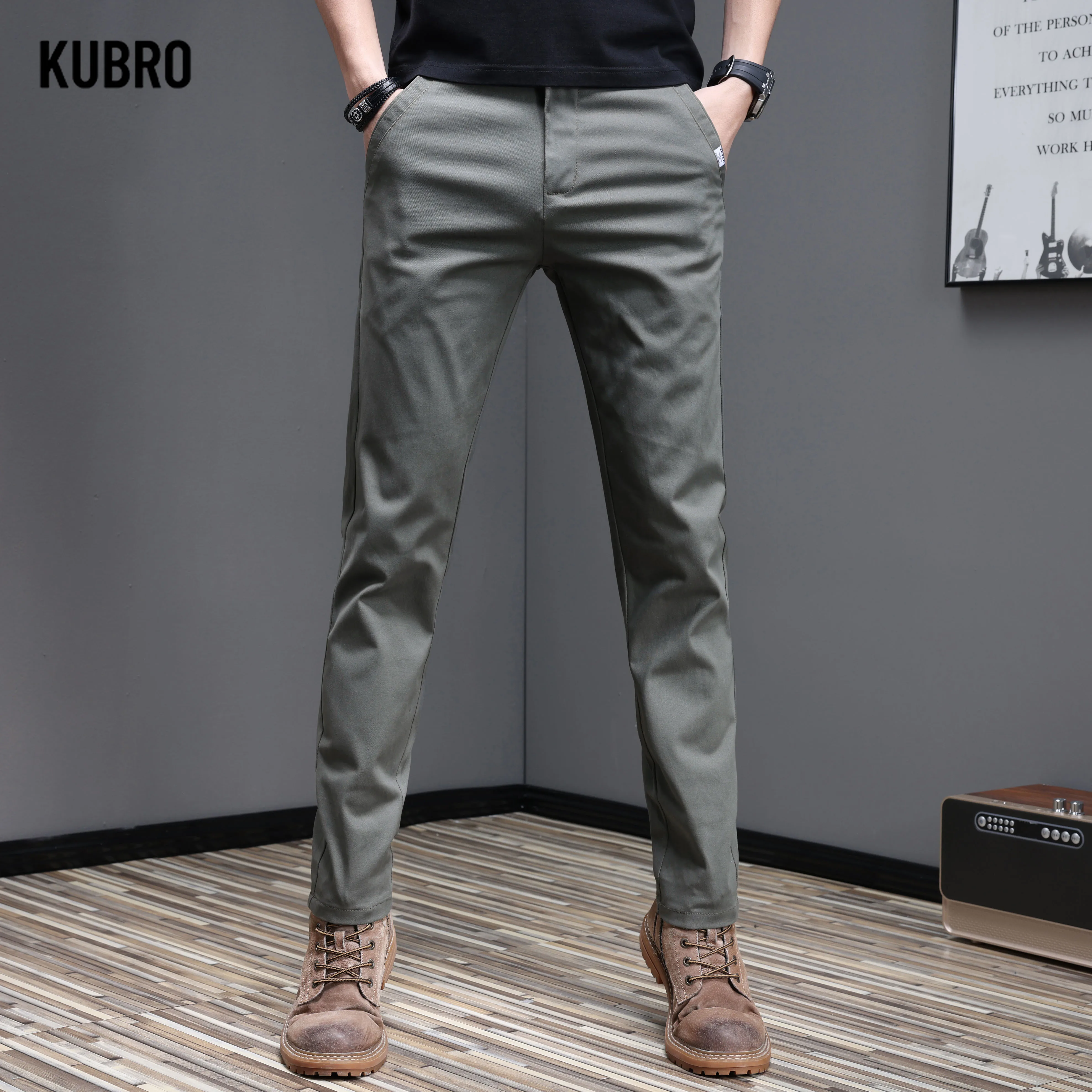 

KUBRO Men's Casual Pants Business Korean Fashion Slim Fit Stretch Thick Gray Black 98 Cotton Trousers Male Pant 2024 New Spring