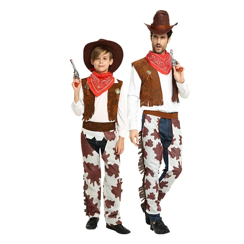 Cowboy ocidental Cosplay traje para adultos e crianças, performance Halloween Masquerade Party, coletes COS, chapéu, cachecol, vestido extravagante, conjuntos de cow-boy