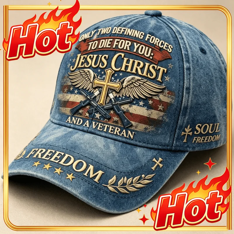 Custom Washed Denim Adjustable Baseball Cap Winged Cross Rifle Distressed American Flag Jesus Christ Veteran Freedom Star Laurel