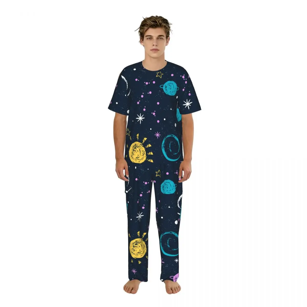 

Men Pajamas Set Lovely Galaxy Space Short Sleeve Spring Summer Lounge Sleepwear Male Nightwear