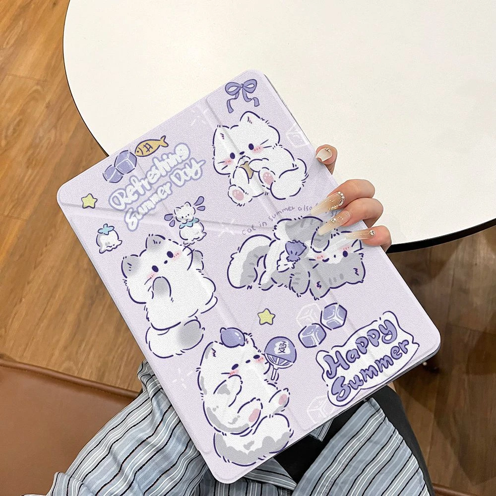 Cute Purple Cat Tablet Case For iPad Pro 11 12.9 13 A16 M2 M4 M3 M5 Shell 8.3 9.7 10.2 5/6/7/8/9/10/11th Mini Air 3 4 5 6 Cover
