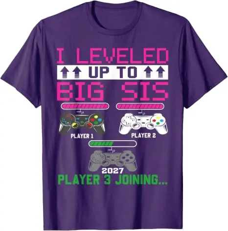 Leveled Up To Big Sister Again 2027 T-Shirt mit Aufschrift „Promoted To Big Sister“, Y2k Game Controller Gamer Saying Tee, Schwangerschaftsankündigung – Detail 13
