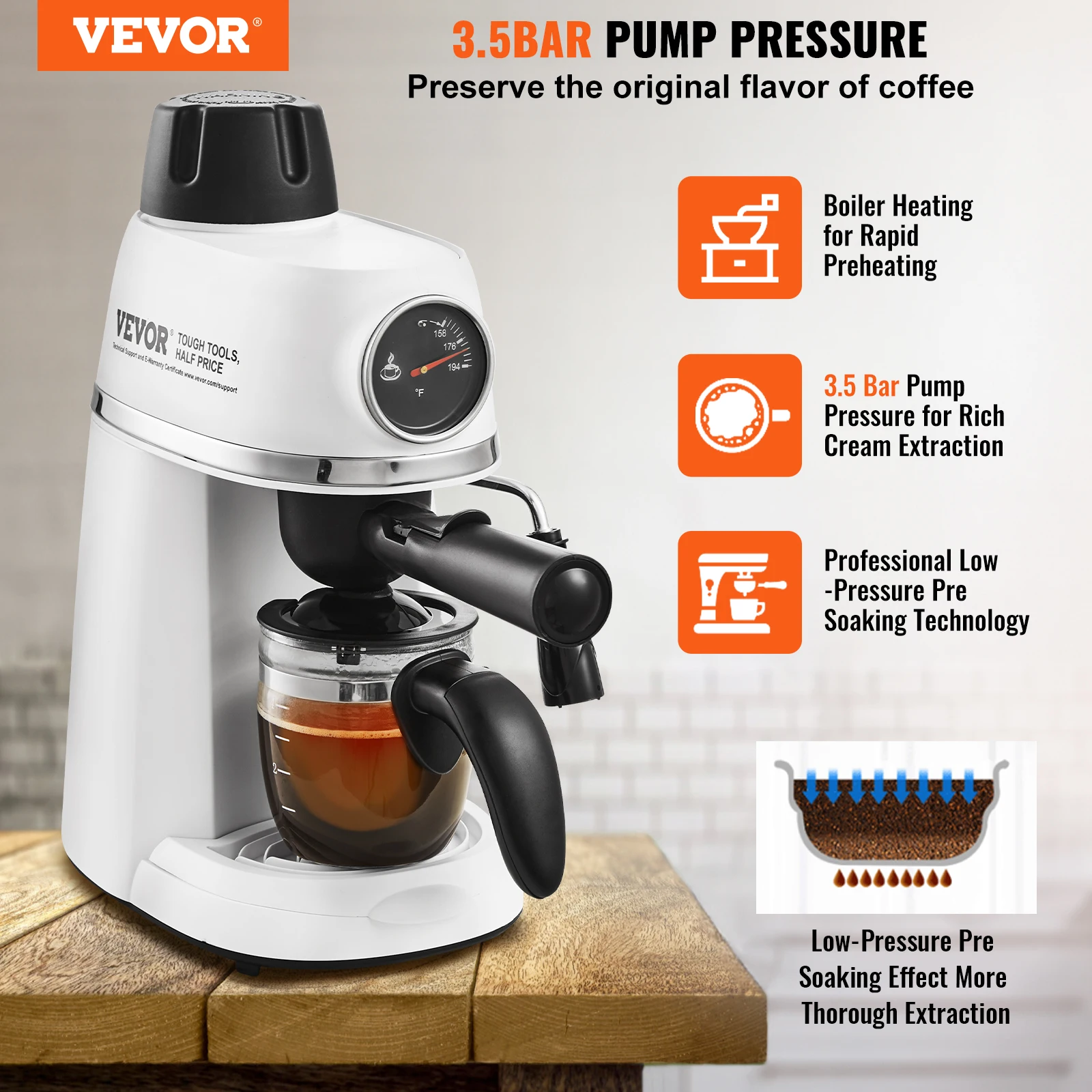 VEVOR Espresso Machine, 3.5 Bar Espresso Maker w/Milk Frother Steam Wand,Temp Gauge & Removable Water Tank,for Latte ,Cappuccino