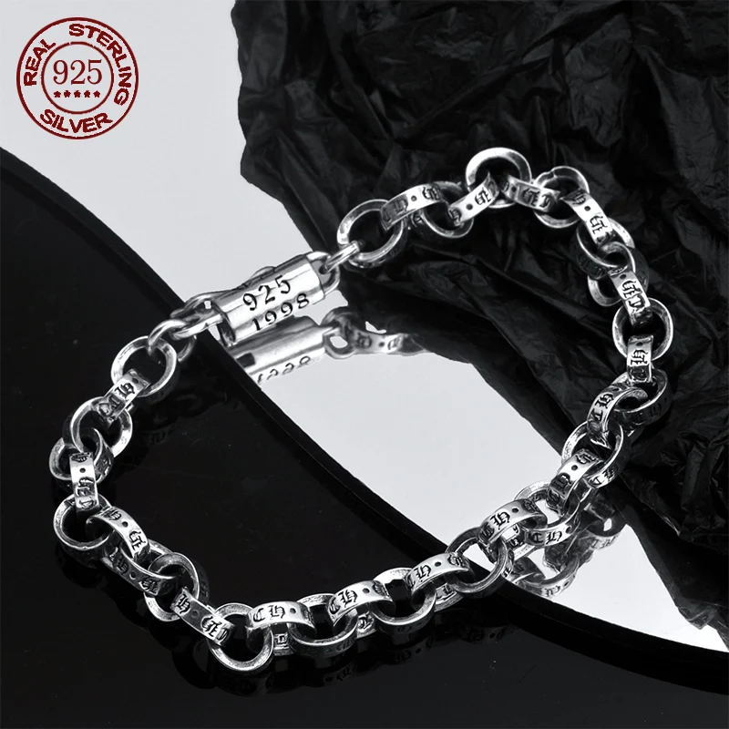 100% Solid S925 Sterling Silver  5mm 6MM Heart Braided Bracelet for Men Solid Silver Hiphop Rock Style Party Chrome Jewelry Gift