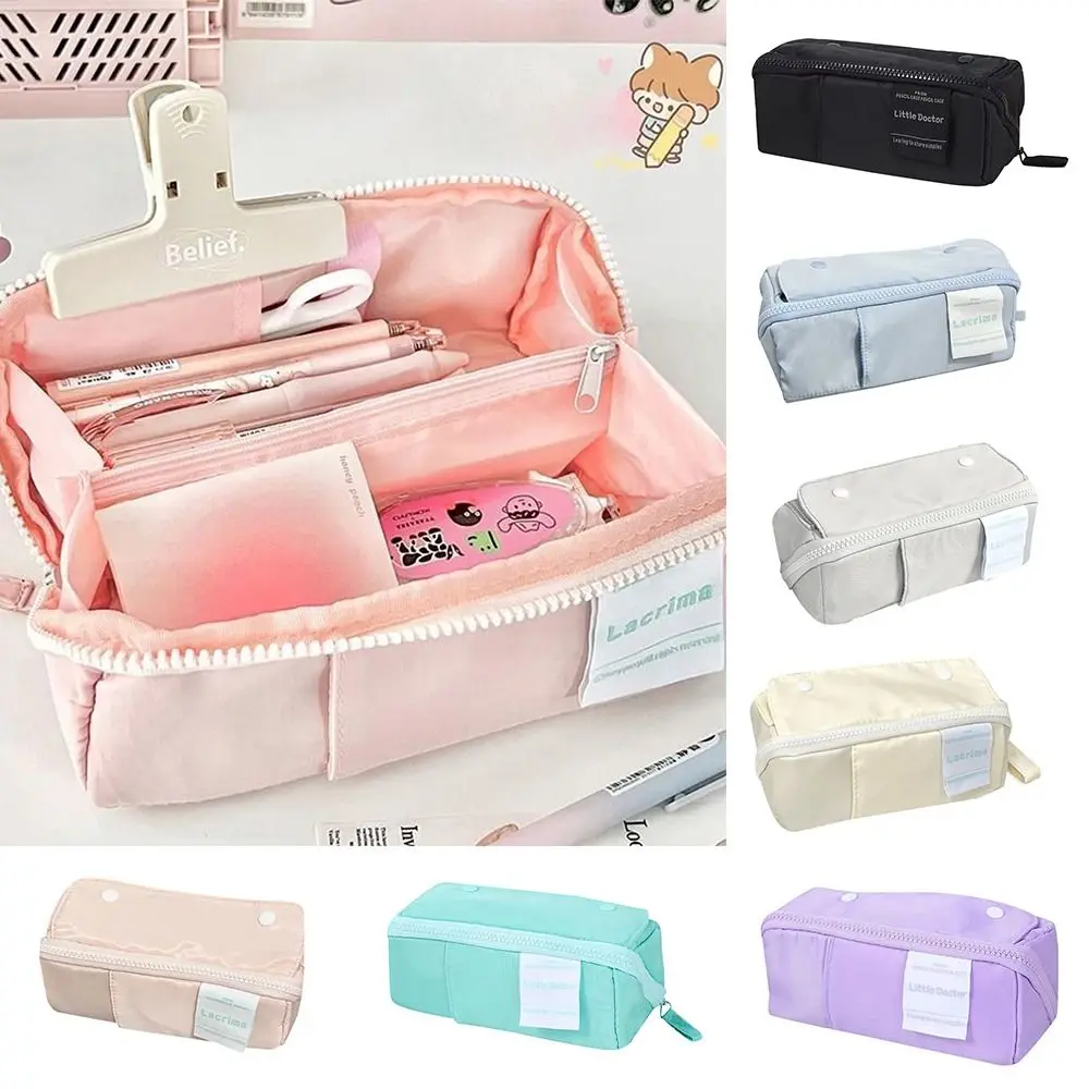 Canvas Prism Pencil Case Large Capacity Multi-layer Tofu Partition Pen Bag Sweet Color Stationery Storage Pouch Student Supplies