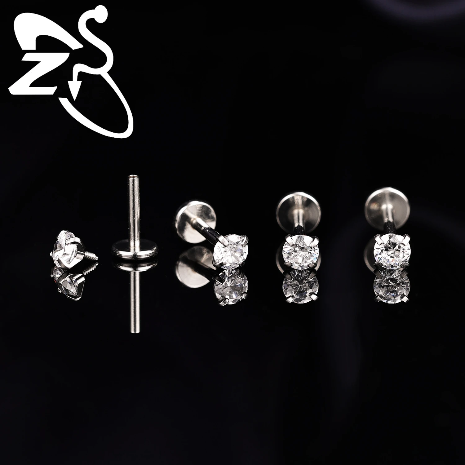 ZS 1Piece 16/18/20G Stainless Steel Labret Lip Piercings 2-4MM Round CZ Crystal Internal Thread Helix Cartilage Earrings Jewelry