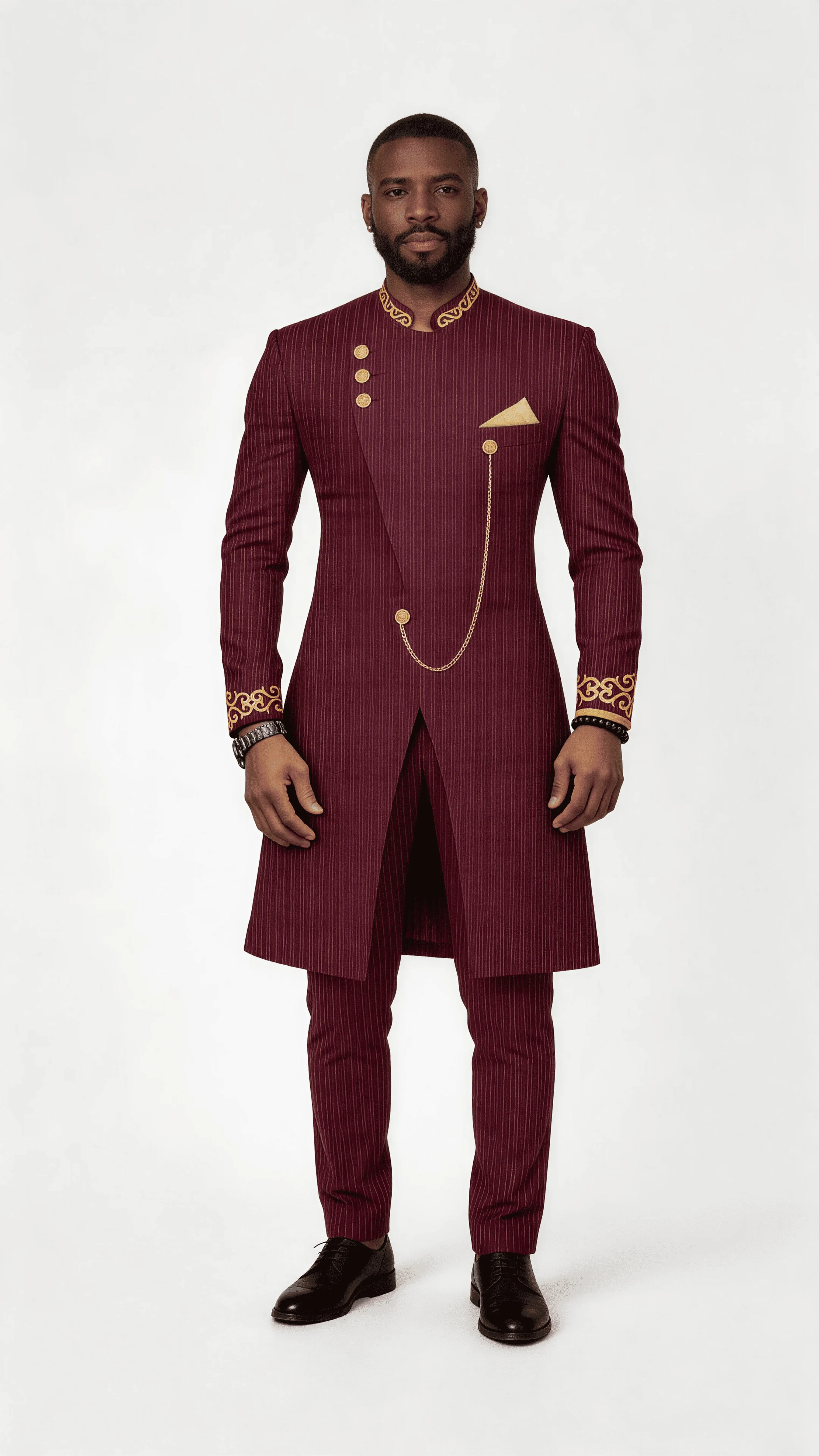 Men African 2‑Piece Suit Wine Red Stripe Gold Embroidery Stand Collar Asymmetric Long Coat Pants Set Luxury Wedding Formal Outfi