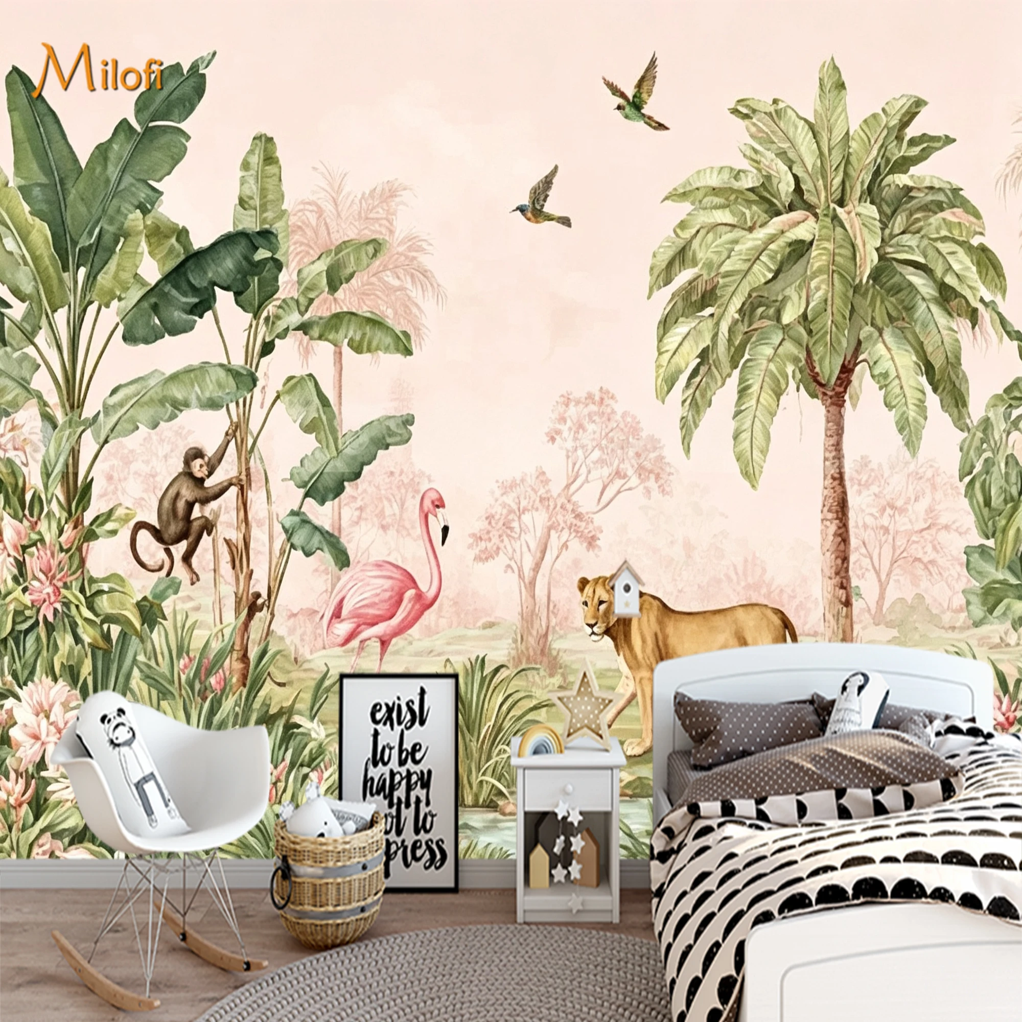 Custom Tropical Jungle Mural Wallpaper Pink Background Lion Flamingo Monkey Wall Mural for Kids Room Home Decor