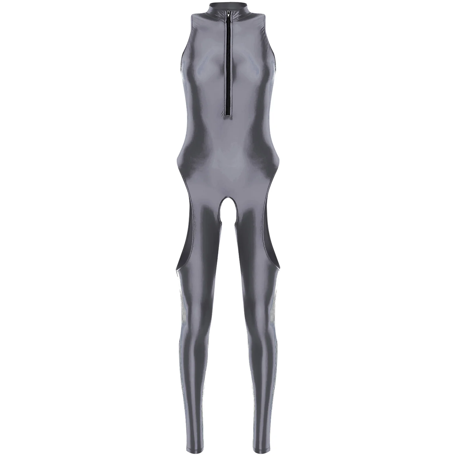 بدلة يوجا زيتية لامعة مثيرة للسيدات برقبة وهمية بدون أكمام وسحاب أمامي مفتوح المنشعب قطع بدلة ضيقة ملابس داخلية Catsuit #3