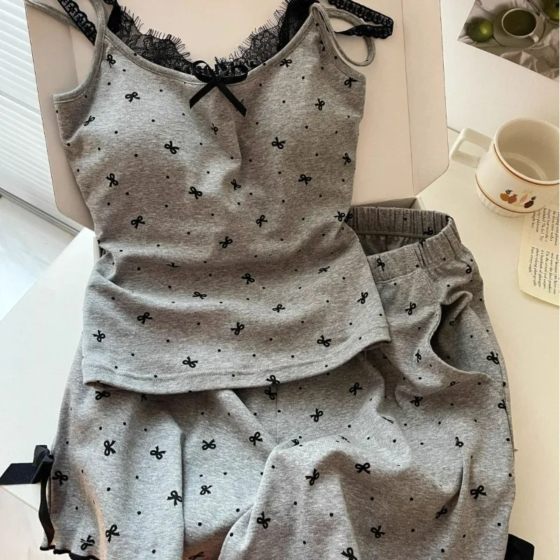 

Sweet Dot Lace Bowknot Pajama Suit Square Neck Sleeveless Two Pieces Nightwear Slim Fit Women Homewear Lace Sleepwear Sets Home