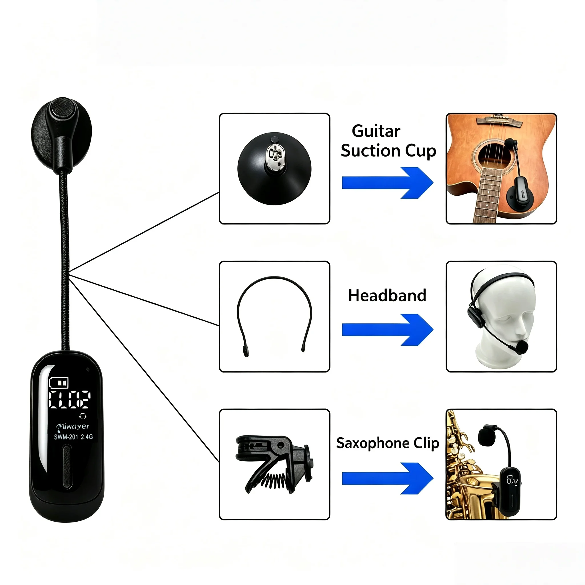Miwayer SWM-202 4-in-1 Wireless Mic for Sax Guitar Violin, Play & Sing Together, Clip Suction Headset Pickup for Live Streaming