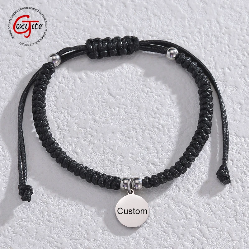 Goxijite Popular Round Brand Black Rope Bracelet Stainless Steel Engrave Name Adjustable Rope Chain Bracelet For Lover Gift