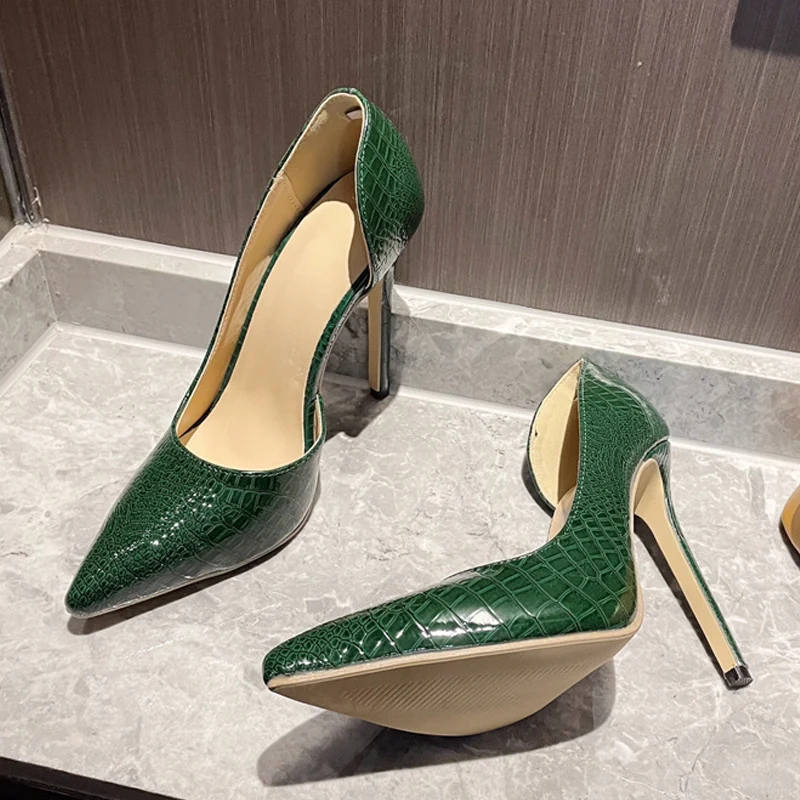 Liyke Green Snake Print Leather Women High Heels Pumps Party Nachtclub Stripper Shoe Sexy Slingback Shallow Pointed Toe Stiletto