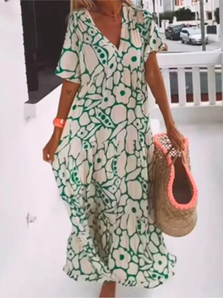 

Boho Floral Maxi Dresses For Women Summer Flowy Vacation Long Dress V Neck Short Sleeve Vestidos Holiday Beach Sundress Vestidos