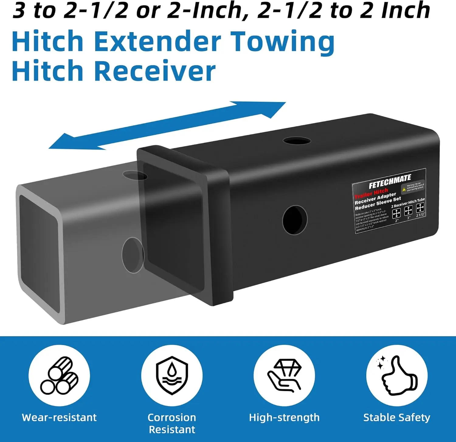 Fetechmate 3' to 2' & 2-1/2' Trailer Hitch Extender Adapter Set, Carbon Steel with Pin & Clip