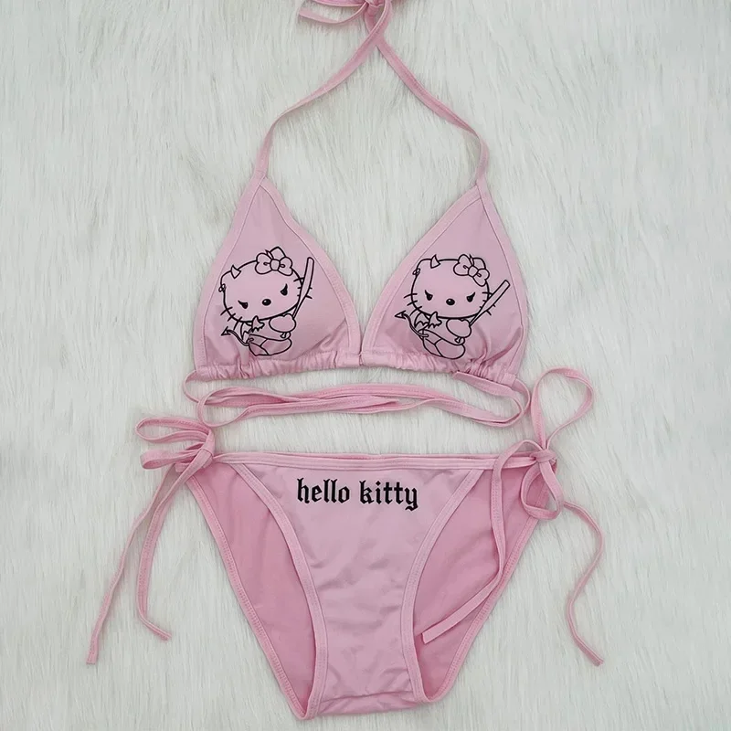 2Pcs Hello Kitty Bikini Set Kawaii Swimsuit 2024 Women New Summer Bikinis Y2k Beach Strappy Panties Sexy Swimwear Girl