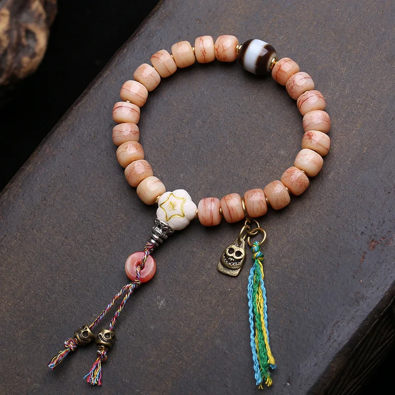 Reflux Powder Blood Bucket Bead Bracelet, Single-Strand Agate Beads, Yak Bone Three-Way Connector, Six-Character Mantra Acc