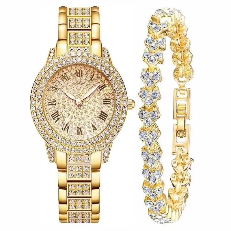 2/5 teile/satz Frauen Edelstahl Band Strass Dail Quarz Uhren und Armband Set Luxus Goldene Armbanduhren Montre Femme