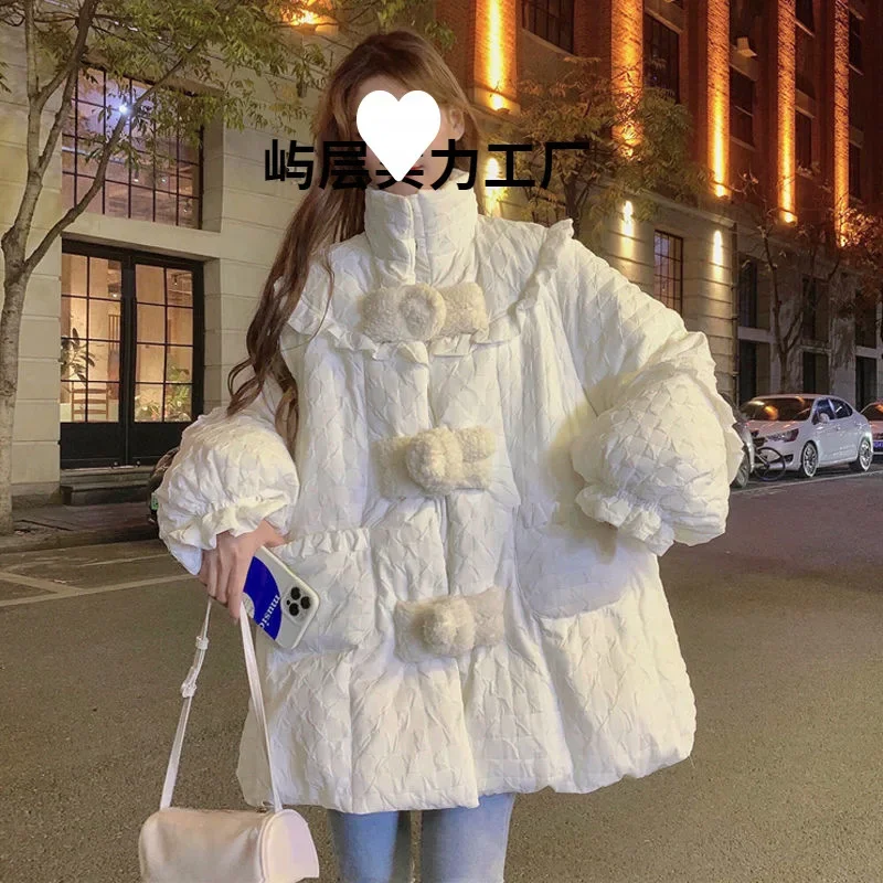 White Thickened Warm Parka Female Loose Long Sleeves Stand Collar Hidden Button Designs Coat Ladies Winter Ruffle Cotton Jackets