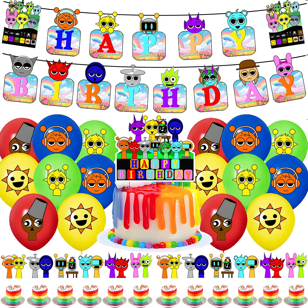 Incredibox Sprunki Theme Decorations Banner Cupcake Topper Set بالون للأولاد والبنات والأطفال والكبار وحفلات أعياد الميلاد