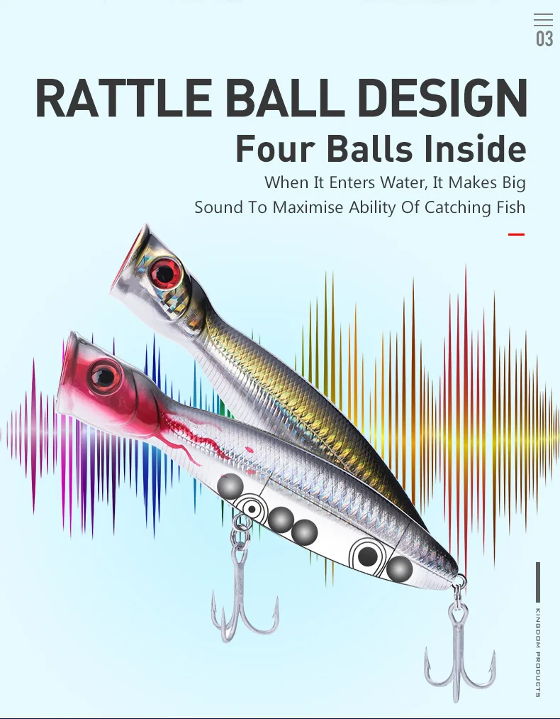 Kingdom Floating Popper Angelköder 80 mm 9,5 g 100 mm 16 g 130 mm 36 g TopWater Kunstköder Harter Wobbler zum Angeln auf Barschforellen – Detail 7