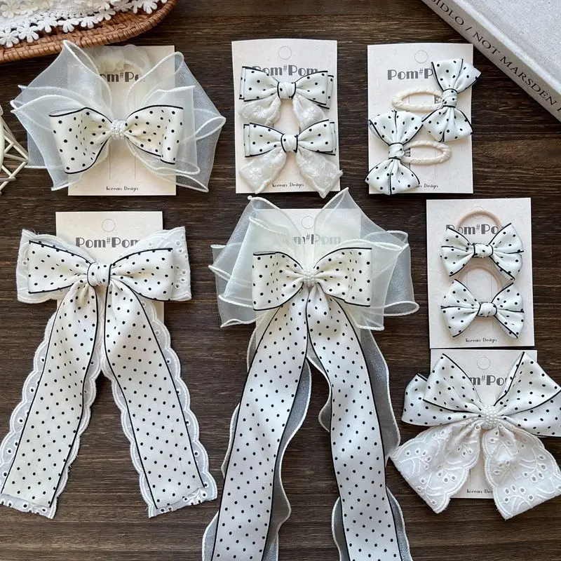 new-polka-dot-streamer-bow-children's-hairpin-girls-lace-girls-head-top-clip-elegant-hair-accessories
