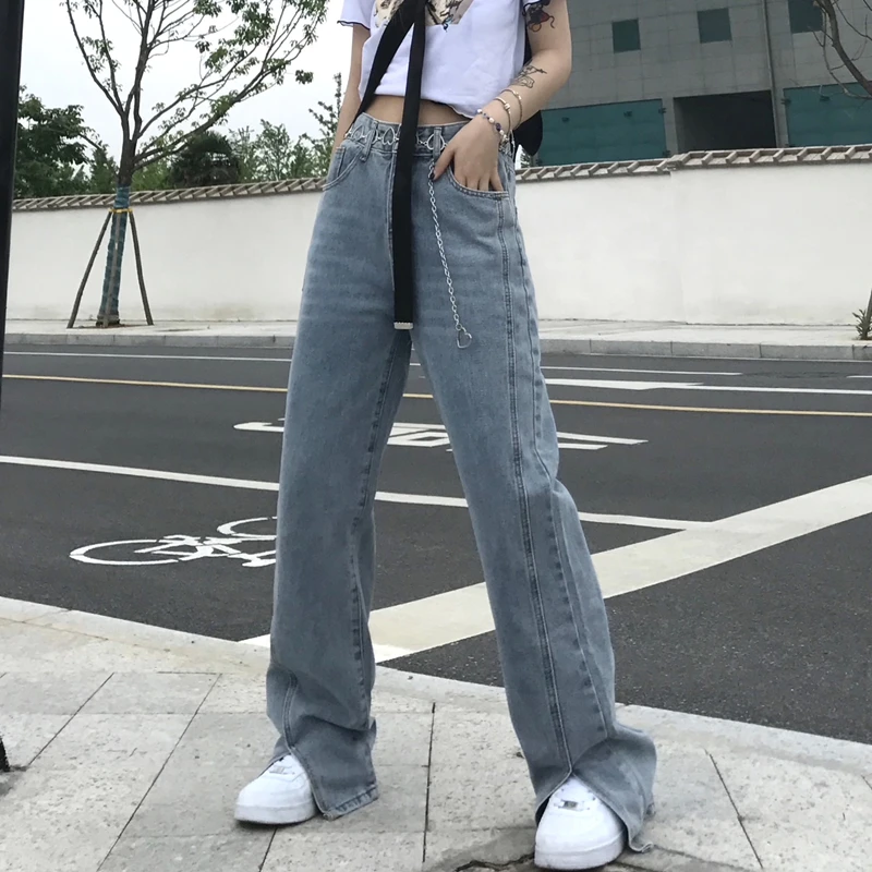 High Waist Wide Leg Jeans Women's Loose Straight Cut Slimming Long Pants Korean Style plus Size Jeans Split Design Casual Denim
